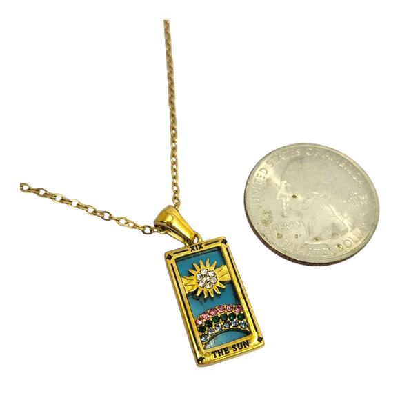Gold Tone Stainless Steel Turquoise Crystal Tarot Card the Sun Pendant 16-18" - Picture 2 of 5